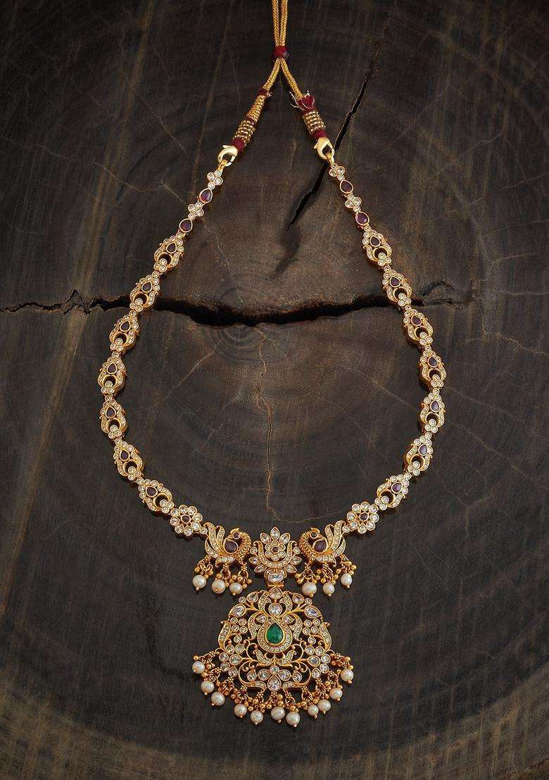 Gold-Plated Embellished Bridal 92.5 Silver Zircon Temple Necklace with CZ Stone for Women | Traditional Temple Jewellery for Wedding & Festive Wear | Gift for Her - Indya