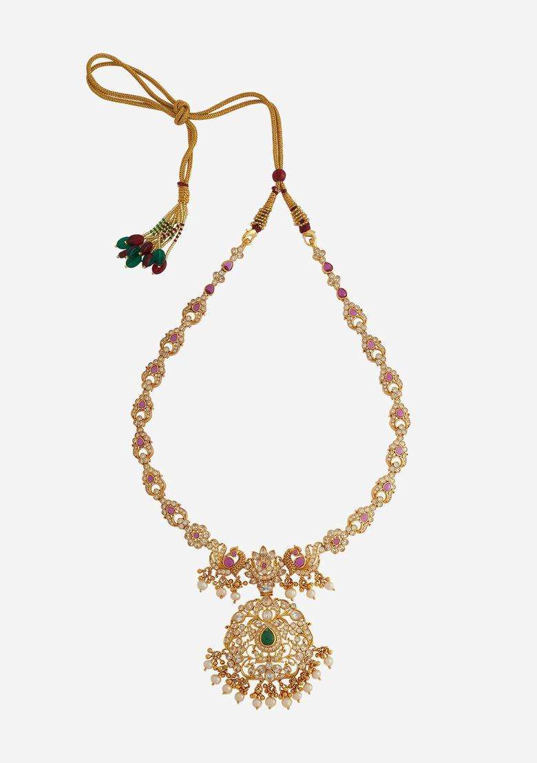 Gold-Plated Embellished Bridal 92.5 Silver Zircon Temple Necklace with CZ Stone for Women | Traditional Temple Jewellery for Wedding & Festive Wear | Gift for Her - Indya