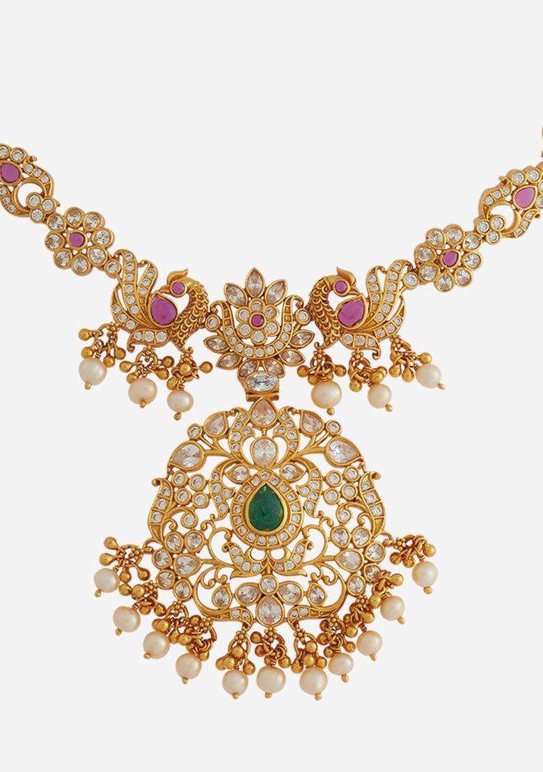 Gold-Plated Embellished Bridal 92.5 Silver Zircon Temple Necklace with CZ Stone for Women | Traditional Temple Jewellery for Wedding & Festive Wear | Gift for Her - Indya