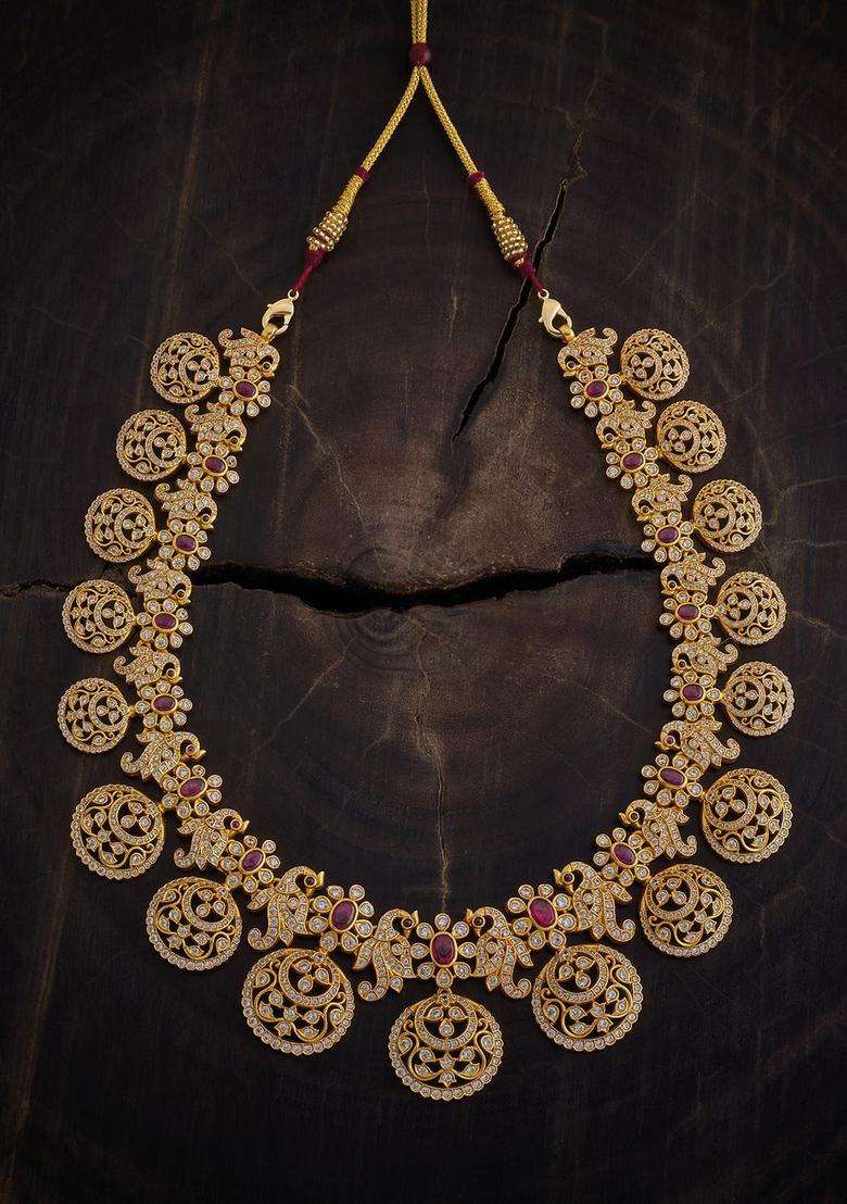 92.5 Pure Silver Gold-Plated Stones Studded Temple Necklace for Women | Traditional Temple Jewellery for Wedding & Festive Wear | Gift for Her - Indya