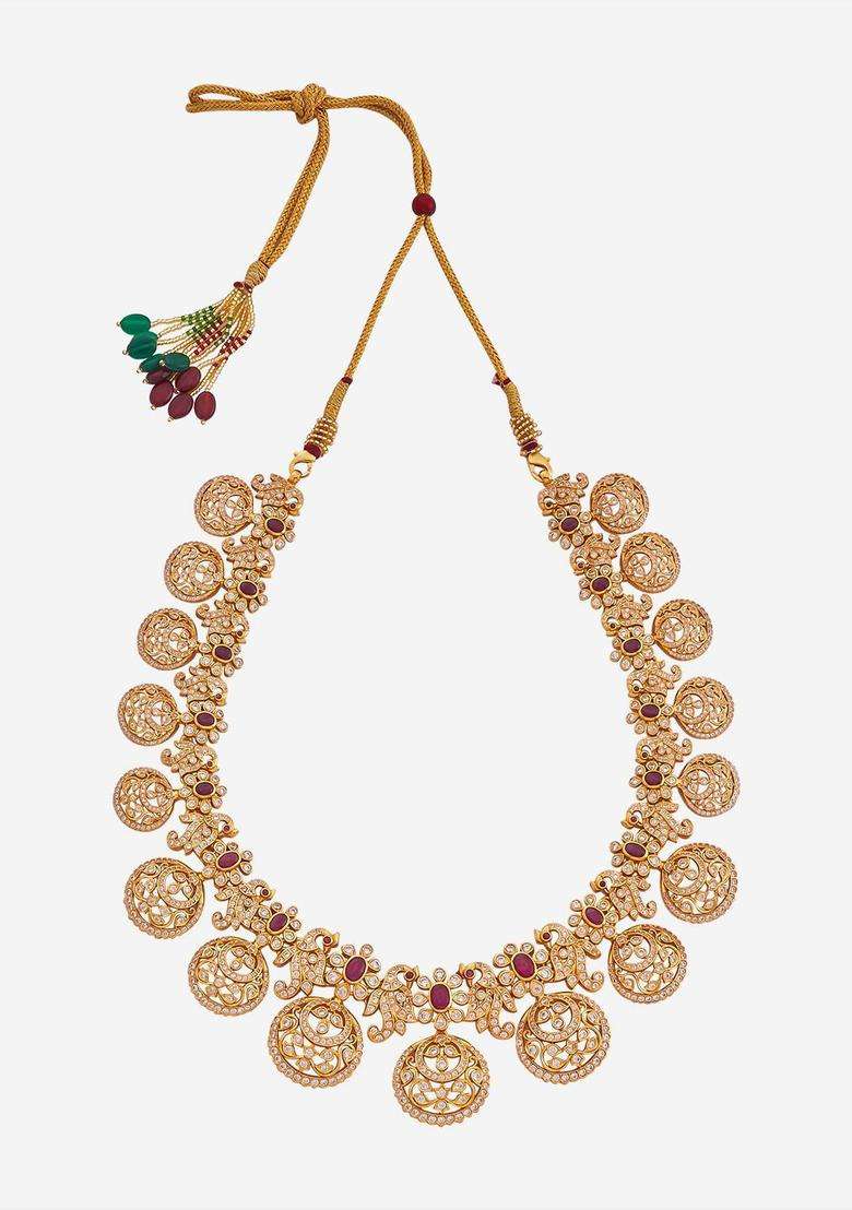 92.5 Pure Silver Gold-Plated Stones Studded Temple Necklace for Women | Traditional Temple Jewellery for Wedding & Festive Wear | Gift for Her - Indya