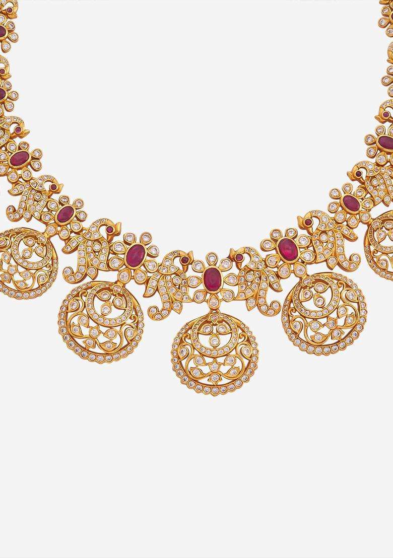 92.5 Pure Silver Gold-Plated Stones Studded Temple Necklace for Women | Traditional Temple Jewellery for Wedding & Festive Wear | Gift for Her - Indya
