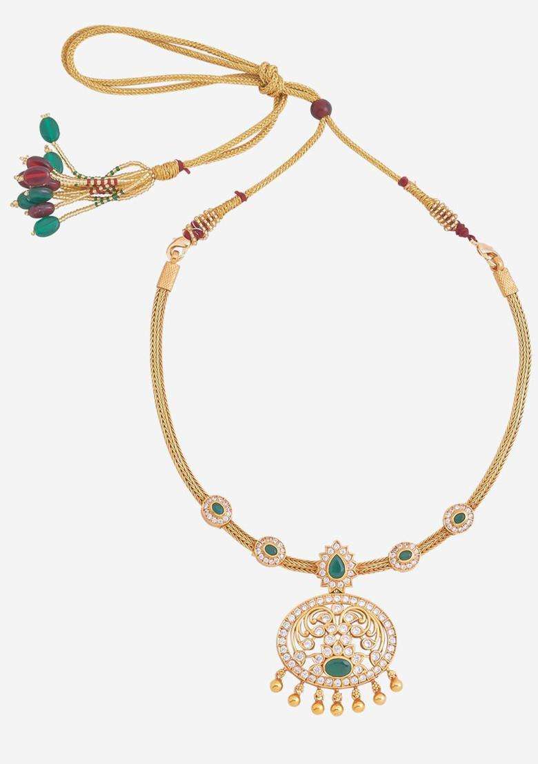 92.5 Pure Silver Gold-Plated Stones Studded Temple Necklace for Women | Traditional Temple Jewellery for Wedding & Festive Wear | Gift for Her - Indya