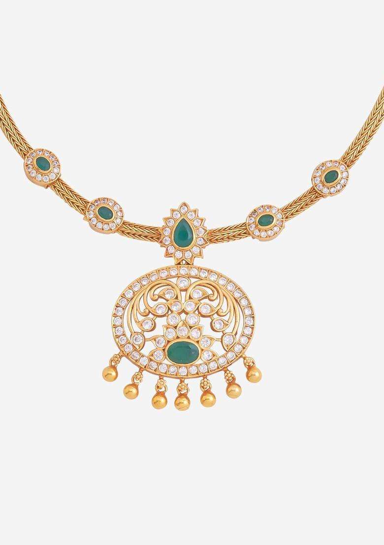 92.5 Pure Silver Gold-Plated Stones Studded Temple Necklace for Women | Traditional Temple Jewellery for Wedding & Festive Wear | Gift for Her - Indya