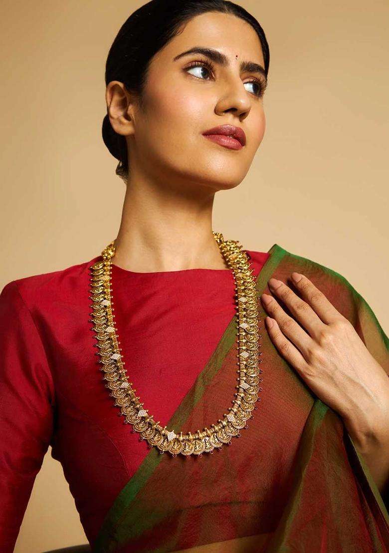 92.5 Pure Silver Gold-Plated Stone Studded Temple Necklace for Women | Traditional Temple Jewellery for Wedding & Festive Wear | Gift for Her - Indya