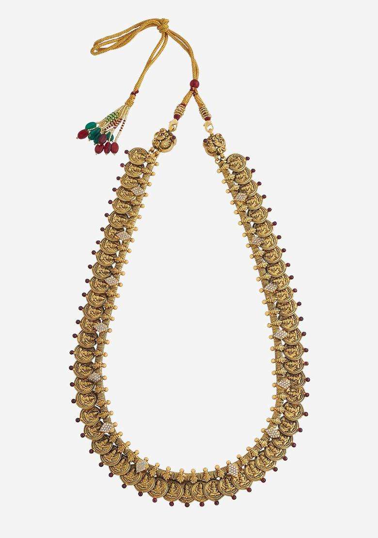 92.5 Pure Silver Gold-Plated Stone Studded Temple Necklace for Women | Traditional Temple Jewellery for Wedding & Festive Wear | Gift for Her - Indya