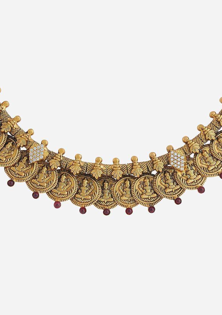 92.5 Pure Silver Gold-Plated Stone Studded Temple Necklace for Women | Traditional Temple Jewellery for Wedding & Festive Wear | Gift for Her - Indya
