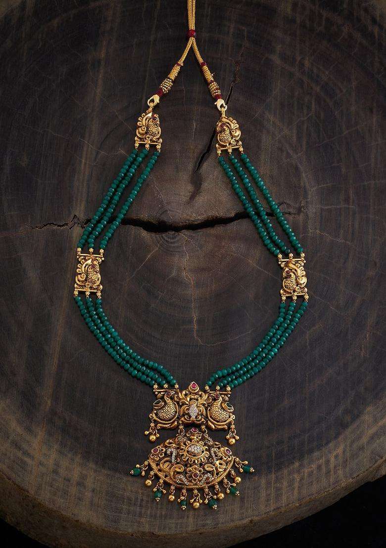 Gold-Plated 92.5 Pure Silver Artificial Beads Necklace for Women | Traditional Temple Jewellery for Wedding & Festive Wear | Gift for Her - Indya