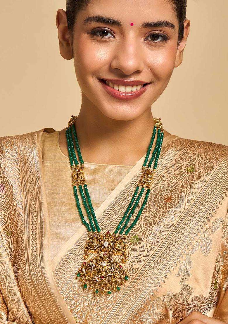 Gold-Plated 92.5 Pure Silver Artificial Beads Necklace for Women | Traditional Temple Jewellery for Wedding & Festive Wear | Gift for Her - Indya