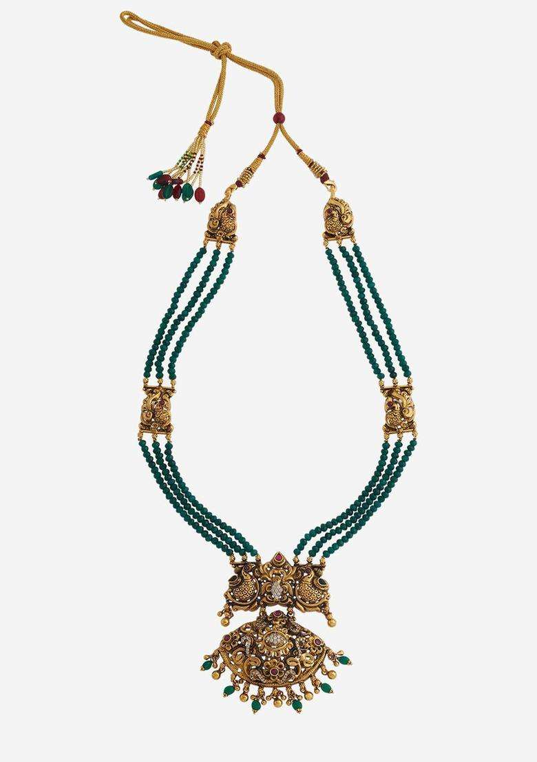 Gold-Plated 92.5 Pure Silver Artificial Beads Necklace for Women | Traditional Temple Jewellery for Wedding & Festive Wear | Gift for Her - Indya