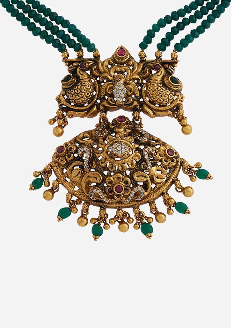 Gold-Plated 92.5 Pure Silver Artificial Beads Necklace for Women | Traditional Temple Jewellery for Wedding & Festive Wear | Gift for Her - Indya