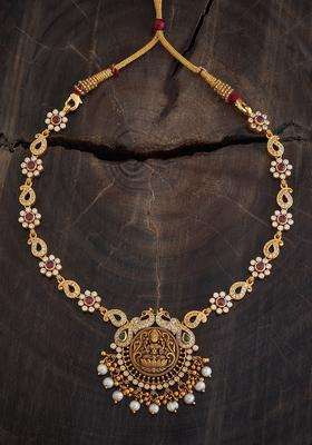 Gold-Plated Embellished Bridal 92.5 Silver Rose Zircon Necklace with CZ Stone for Women | Traditional Temple Jewellery for Wedding & Festive Wear | Gift for Her