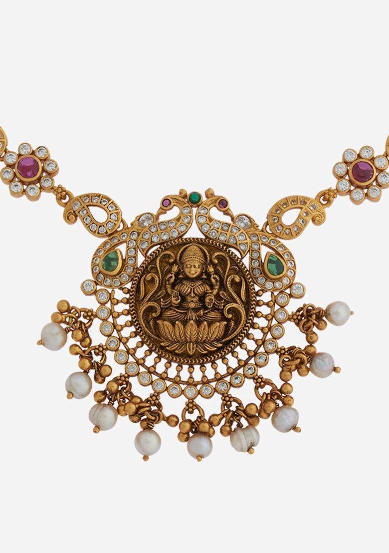 Gold-Plated Embellished Bridal 92.5 Silver Rose Zircon Necklace with CZ Stone for Women | Traditional Temple Jewellery for Wedding & Festive Wear | Gift for Her - Indya
