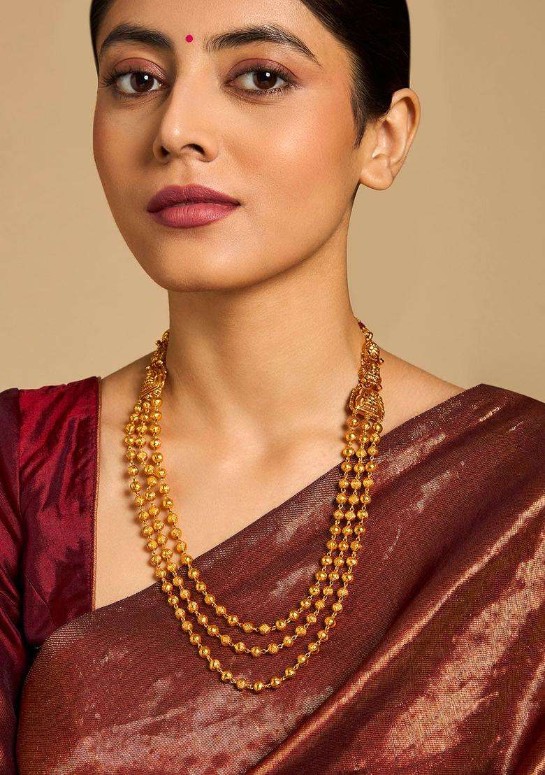 92.5 Pure Silver Gold-Plated Stone Studded & Beaded Necklace for Women | Traditional Temple Jewellery for Wedding & Festive Wear | Gift for Her - Indya
