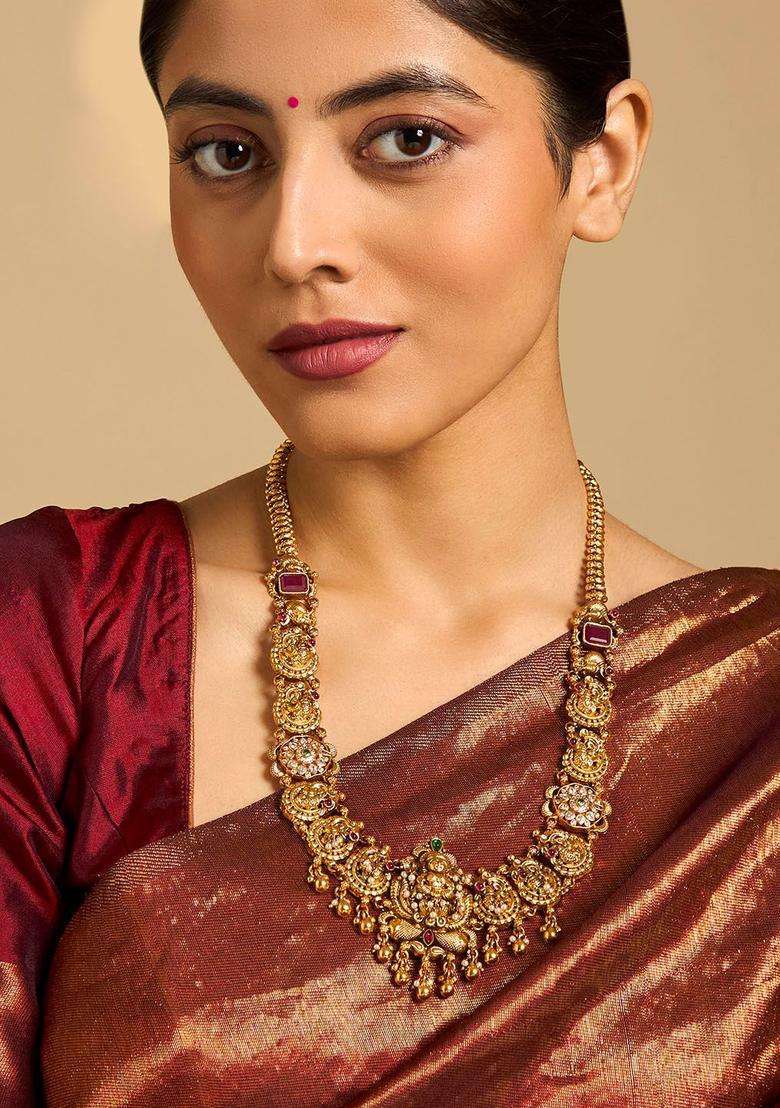 92.5 Pure Silver Gold-Plated Temple Necklace for Women | Traditional Temple Jewellery for Wedding & Festive Wear | Gift for Her - Indya