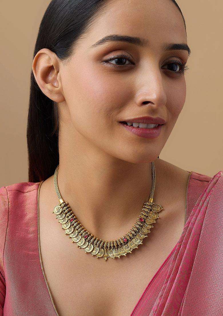 Embellished Bridal 92.5 Silver Gold-Plated Temple Necklace for Women | Traditional Temple Jewellery for Wedding & Festive Wear | Gift for Her - Indya