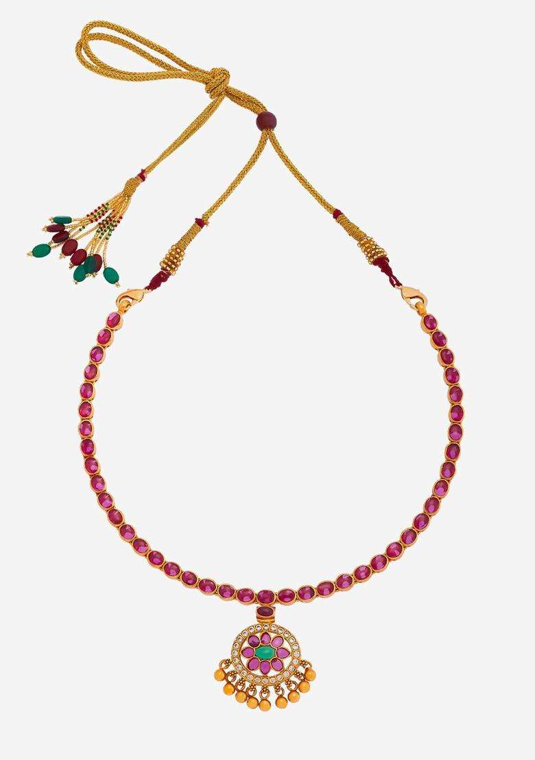Embellished Bridal Silver Gold-Plated Studded Temple Necklace for Women | Traditional Temple Jewellery for Wedding & Festive Wear | Gift for Her - Indya