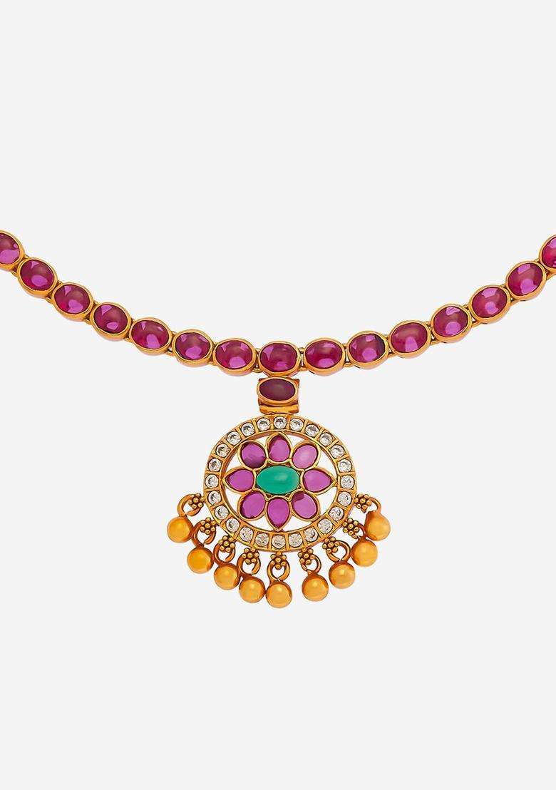 Embellished Bridal Silver Gold-Plated Studded Temple Necklace for Women | Traditional Temple Jewellery for Wedding & Festive Wear | Gift for Her - Indya