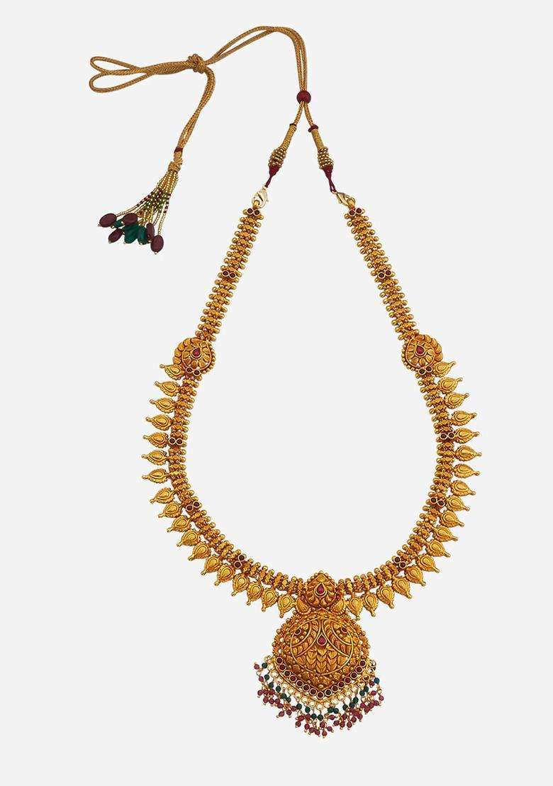 92.5 Pure Silver Gold-Plated Stone-Studded Temple Necklace for Women | Traditional Temple Jewellery for Wedding & Festive Wear | Gift for Her - Indya