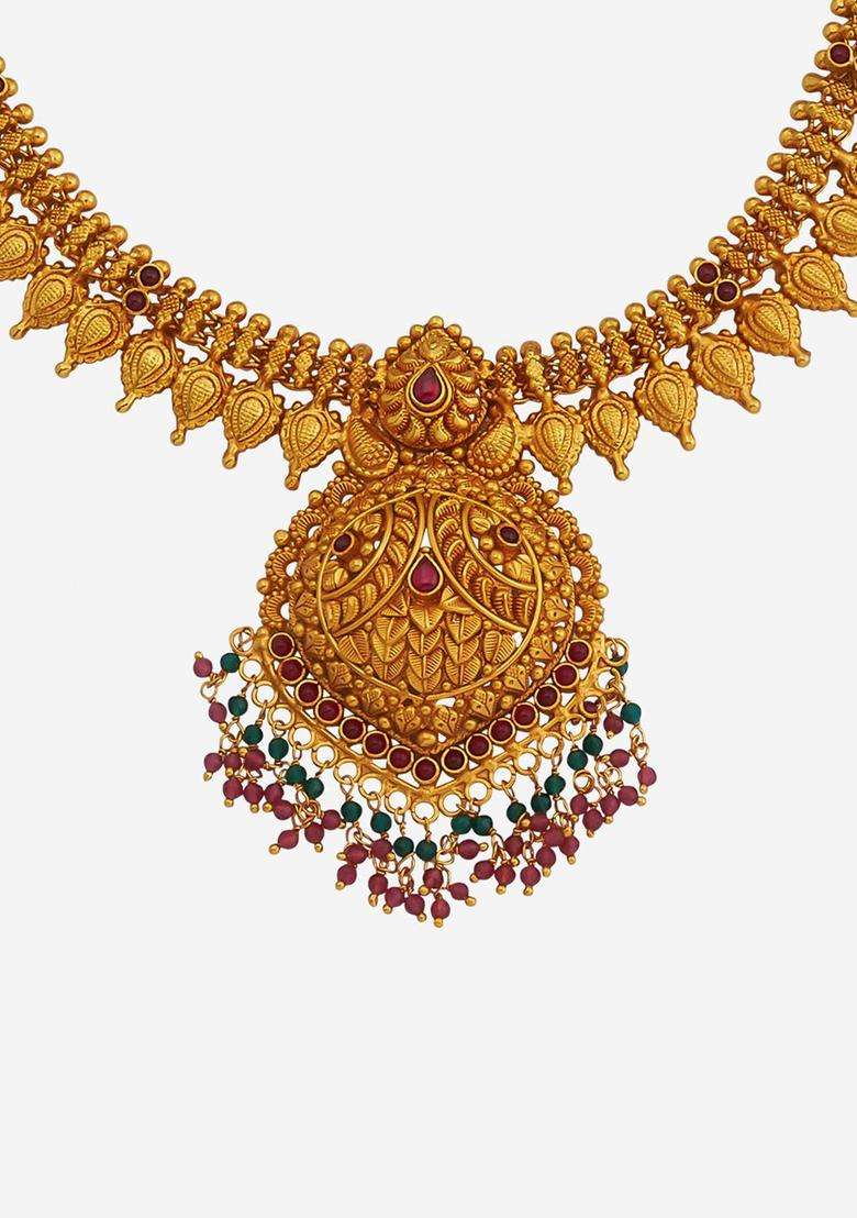 92.5 Pure Silver Gold-Plated Stone-Studded Temple Necklace for Women | Traditional Temple Jewellery for Wedding & Festive Wear | Gift for Her - Indya