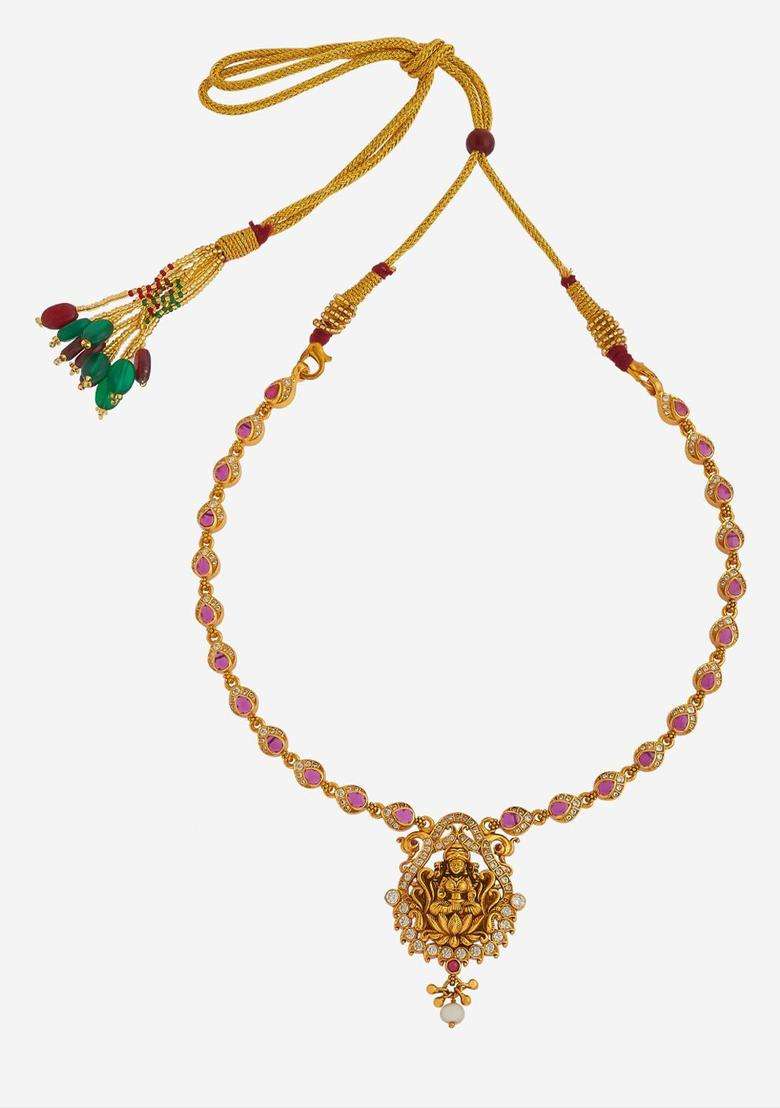 Gold-Plated Embellished Bridal 92.5 Silver Stones- Temple Necklace for Women | Traditional Temple Jewellery for Wedding & Festive Wear | Gift for Her - Indya