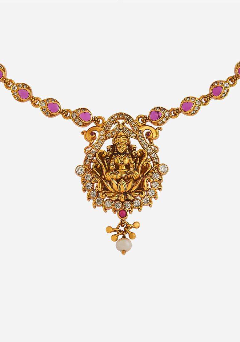 Gold-Plated Embellished Bridal 92.5 Silver Stones- Temple Necklace for Women | Traditional Temple Jewellery for Wedding & Festive Wear | Gift for Her - Indya
