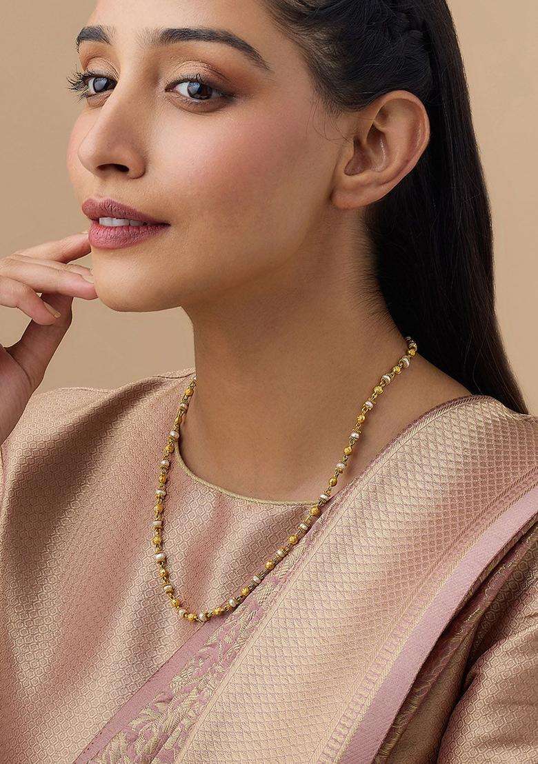 Gold-Plated Embellished Bridal Pearl Beaded 92.5 Silver Temple Necklace for Women | Traditional Temple Jewellery for Wedding & Festive Wear | Gift for Her - Indya