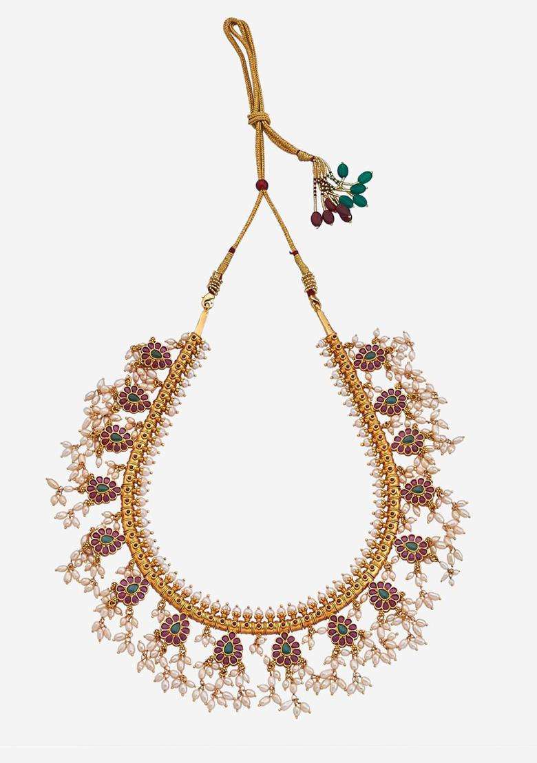 Embellished Bridal 92.5 Silver Ruby Studded Temple Necklace for Women | Traditional Temple Jewellery for Wedding & Festive Wear | Gift for Her - Indya