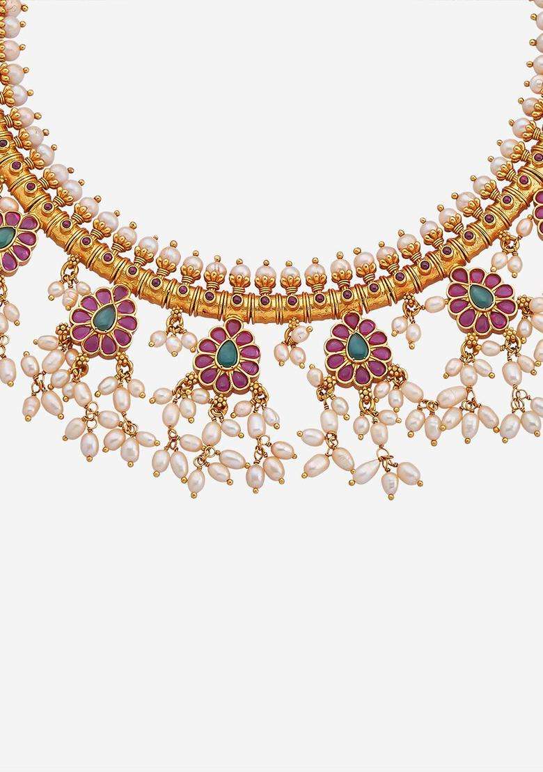 Embellished Bridal 92.5 Silver Ruby Studded Temple Necklace for Women | Traditional Temple Jewellery for Wedding & Festive Wear | Gift for Her - Indya