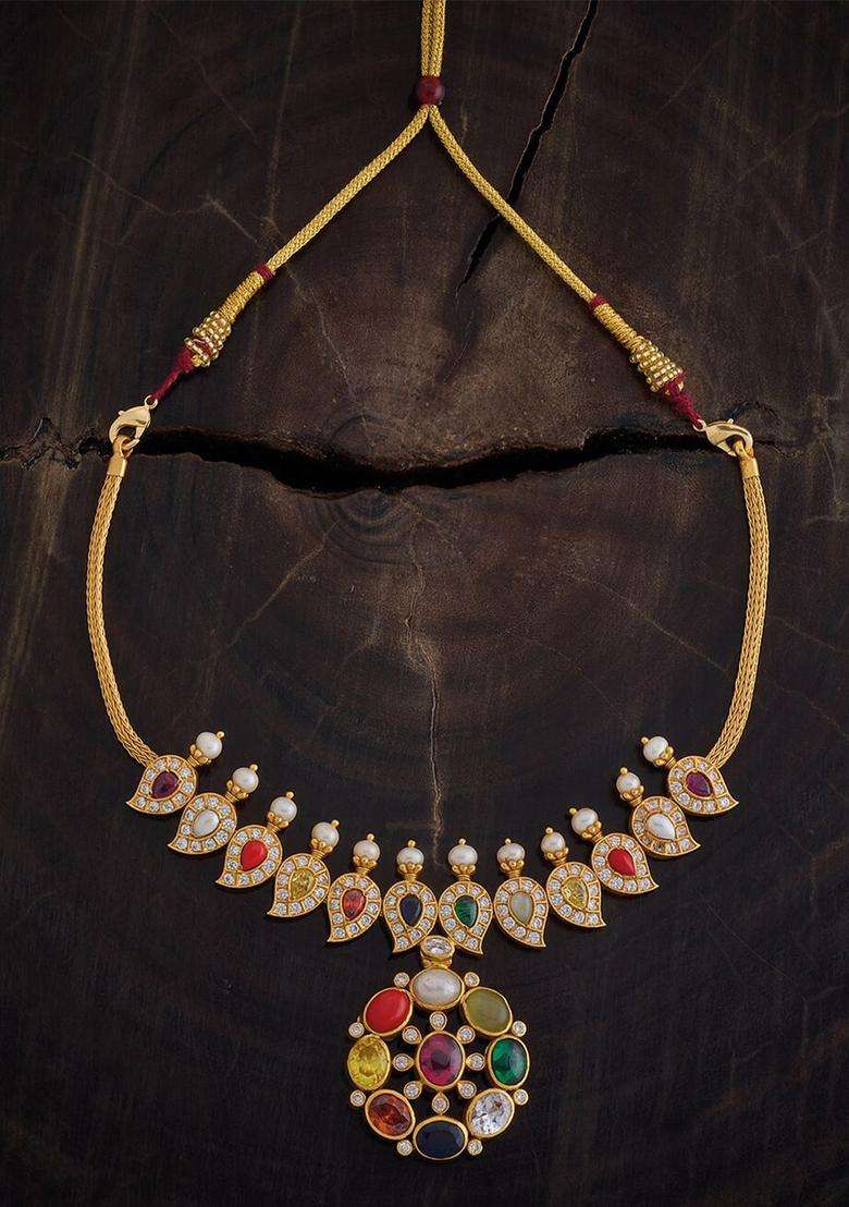 Gold-Plated Artificial Stones 92.5 Pure Silver Temple Necklace for Women | Traditional Temple Jewellery for Wedding & Festive Wear | Gift for Her - Indya