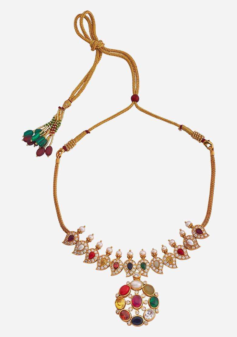 Gold-Plated Artificial Stones 92.5 Pure Silver Temple Necklace for Women | Traditional Temple Jewellery for Wedding & Festive Wear | Gift for Her - Indya