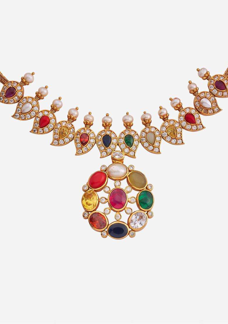 Gold-Plated Artificial Stones 92.5 Pure Silver Temple Necklace for Women | Traditional Temple Jewellery for Wedding & Festive Wear | Gift for Her - Indya