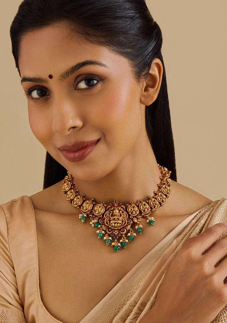92.5 Pure Silver Gold-Plated Ruby Temple Minimal Necklace for Women | Traditional Temple Jewellery for Wedding & Festive Wear | Gift for Her - Indya