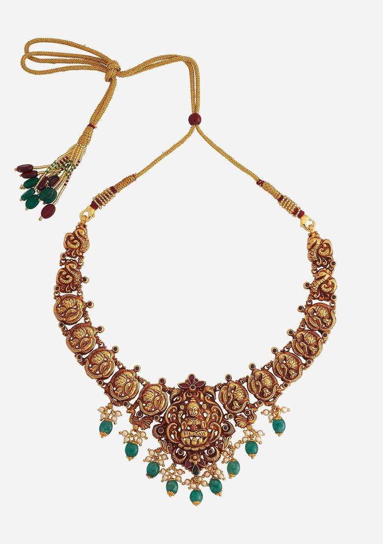 92.5 Pure Silver Gold-Plated Ruby Temple Minimal Necklace for Women | Traditional Temple Jewellery for Wedding & Festive Wear | Gift for Her - Indya