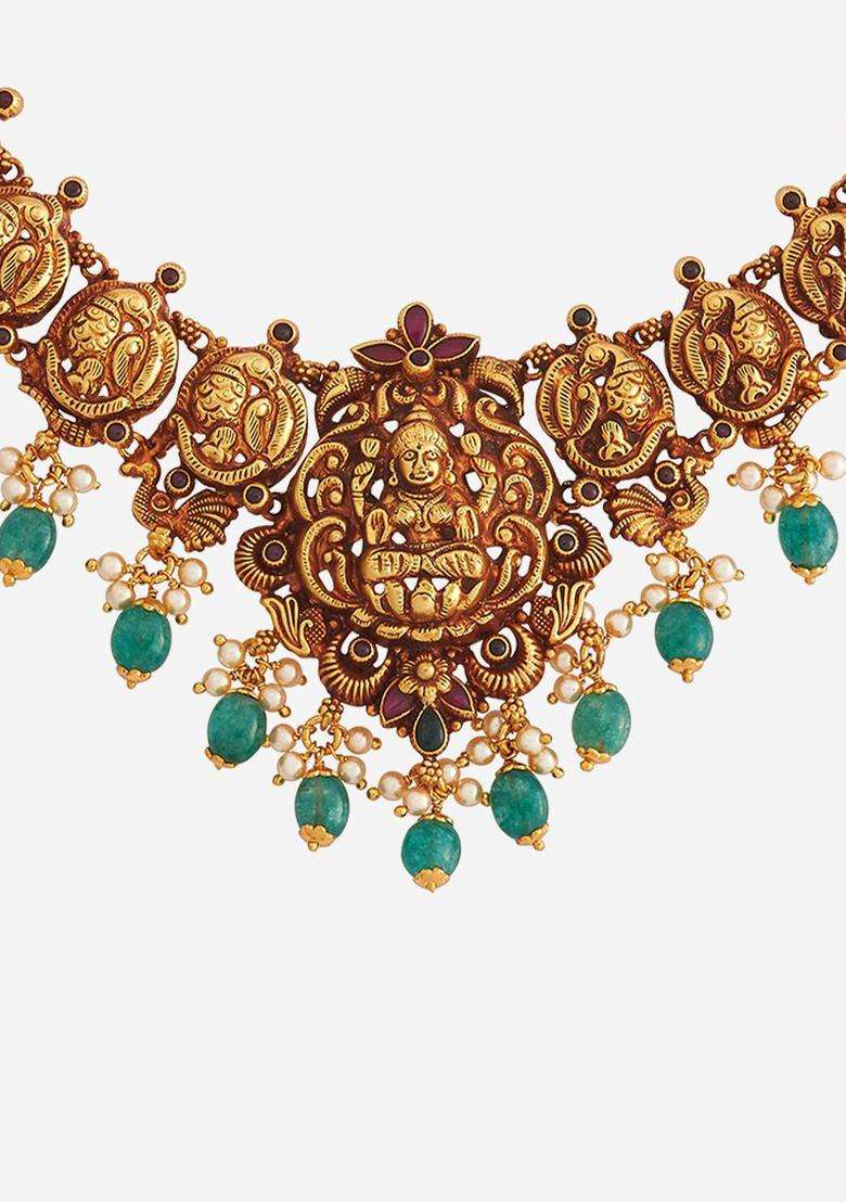 92.5 Pure Silver Gold-Plated Ruby Temple Minimal Necklace for Women | Traditional Temple Jewellery for Wedding & Festive Wear | Gift for Her - Indya