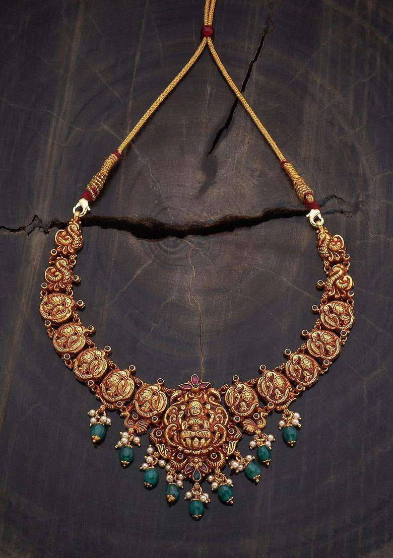 92.5 Pure Silver Gold-Plated Ruby Temple Minimal Necklace for Women | Traditional Temple Jewellery for Wedding & Festive Wear | Gift for Her - Indya