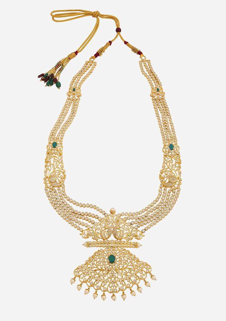 Silver Gold-Plated Temple Necklace with CZ Stone for Women | Traditional Temple Jewellery for Wedding & Festive Wear | Gift for Her - Indya