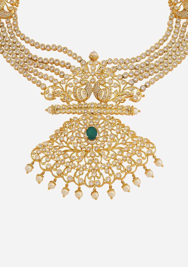 Silver Gold-Plated Temple Necklace with CZ Stone for Women | Traditional Temple Jewellery for Wedding & Festive Wear | Gift for Her - Indya