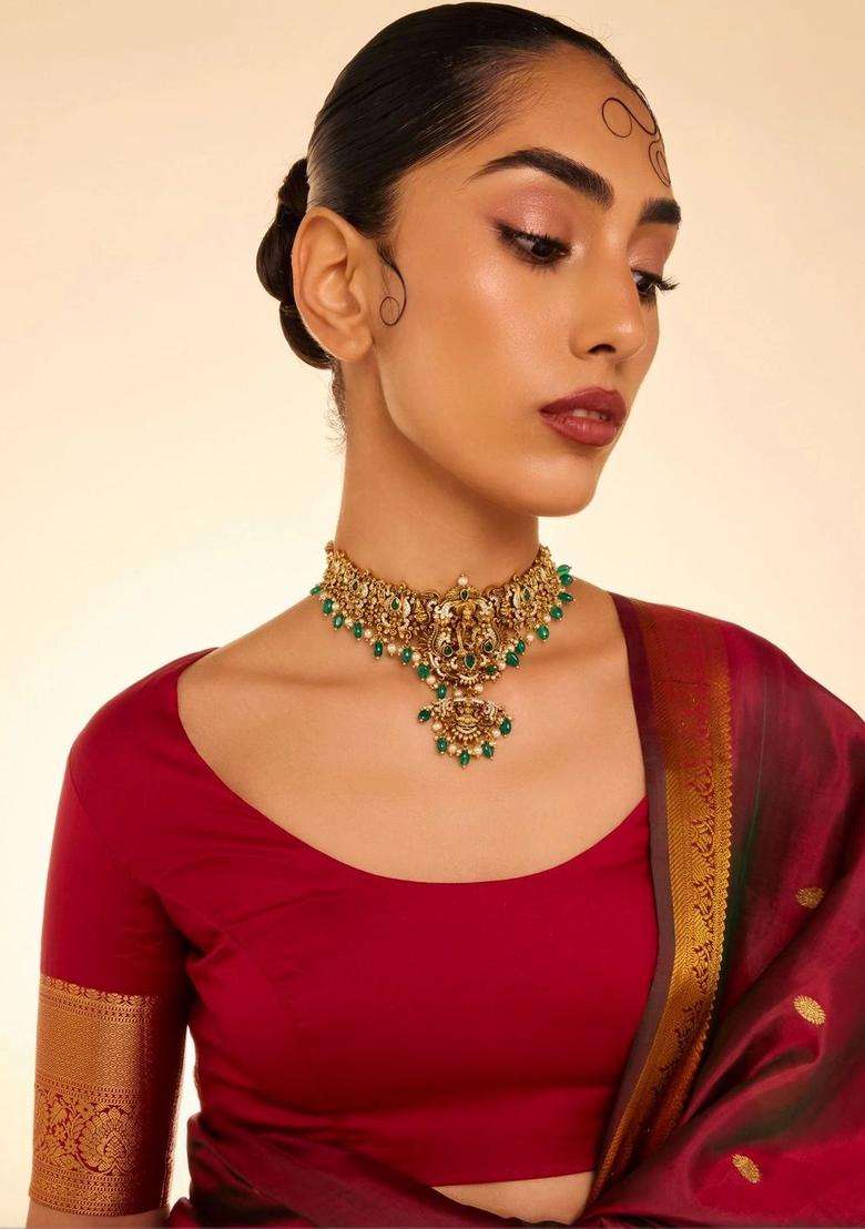 Sterling Silver Gold-Plated Temple Necklace with CZ Stone for Women | Traditional Temple Jewellery for Wedding & Festive Wear | Gift for Her - Indya