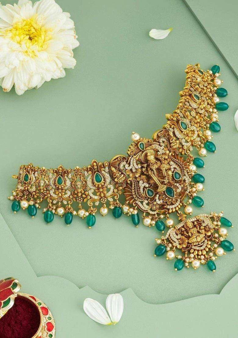 Sterling Silver Gold-Plated Temple Necklace with CZ Stone for Women | Traditional Temple Jewellery for Wedding & Festive Wear | Gift for Her - Indya