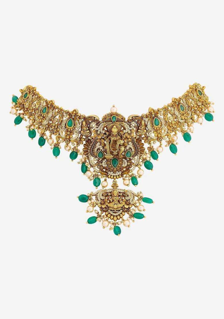 Sterling Silver Gold-Plated Temple Necklace with CZ Stone for Women | Traditional Temple Jewellery for Wedding & Festive Wear | Gift for Her - Indya
