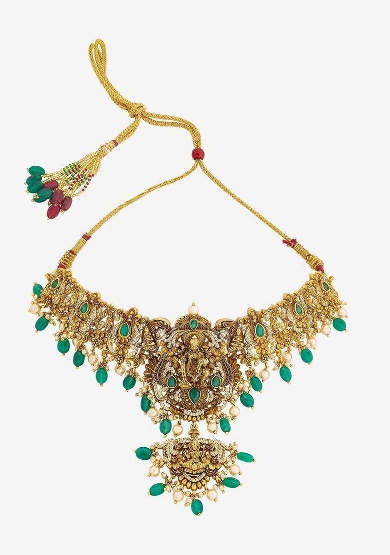 Sterling Silver Gold-Plated Temple Necklace with CZ Stone for Women | Traditional Temple Jewellery for Wedding & Festive Wear | Gift for Her - Indya