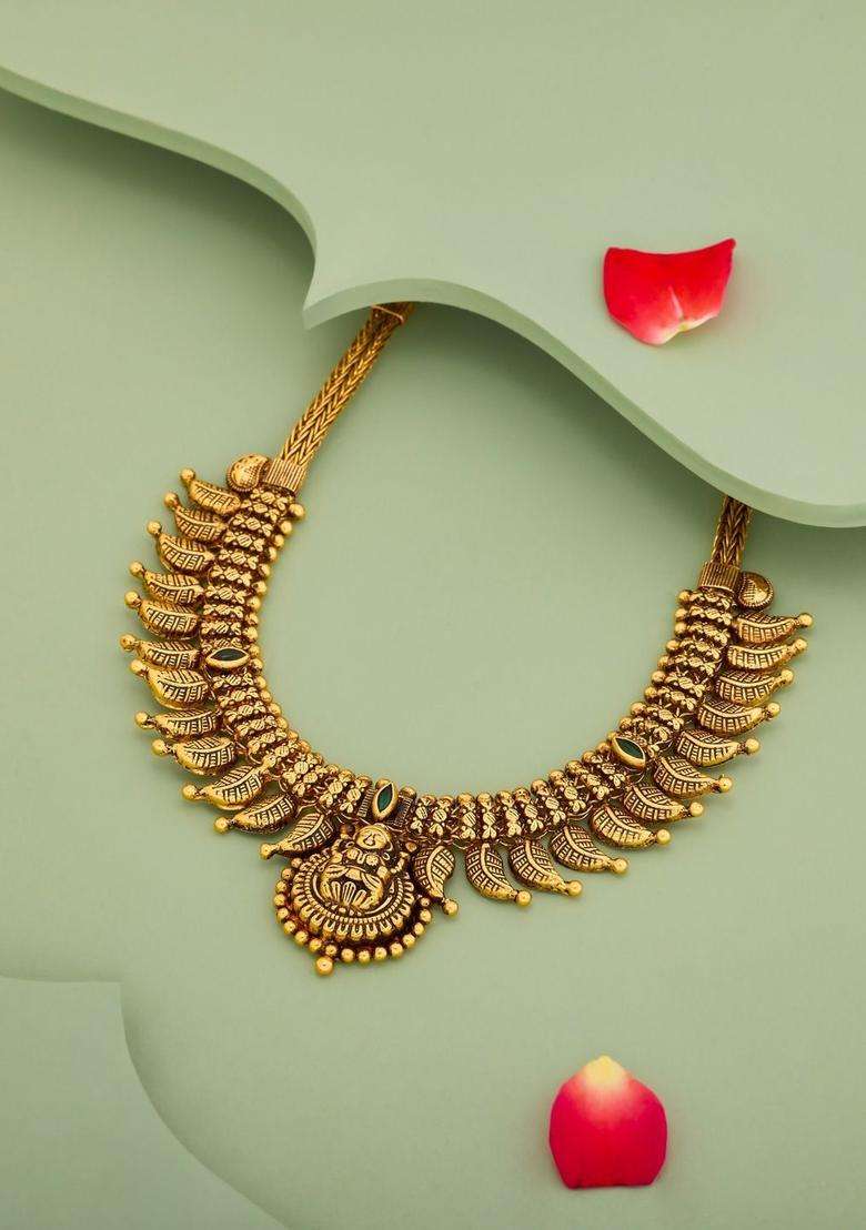 Gold-Plated 925 Silver Artificial Stones Studded Necklace and Chains for Women | Traditional Temple Jewellery for Wedding & Festive Wear | Gift for Her - Indya