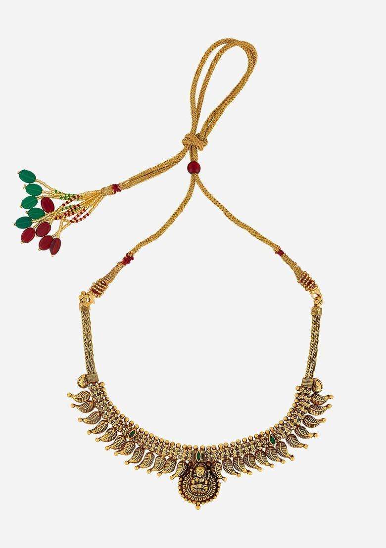 Gold-Plated 925 Silver Artificial Stones Studded Necklace and Chains for Women | Traditional Temple Jewellery for Wedding & Festive Wear | Gift for Her - Indya