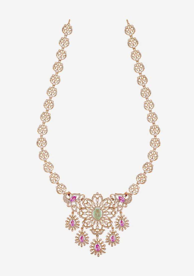 Copper Gold-Plated Temple Necklace with CZ Stone for Women | Traditional Temple Jewellery for Wedding & Festive Wear | Gift for Her - Indya