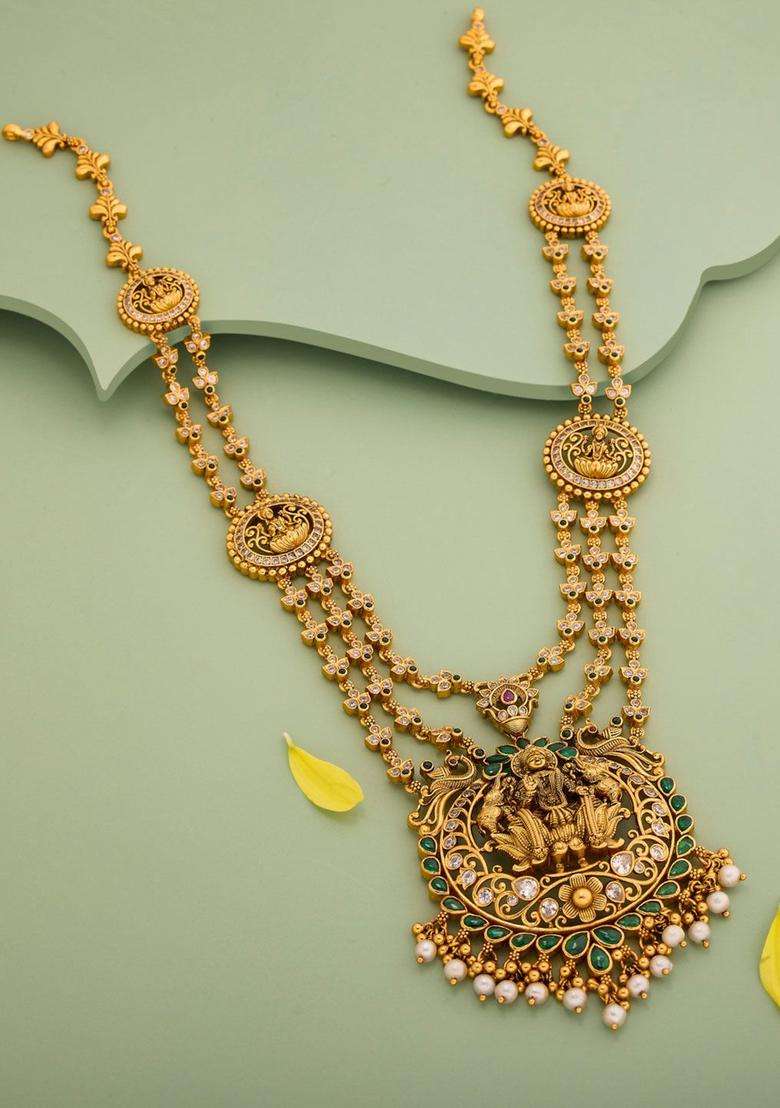 Green Silver Gold-Plated Temple Ruby Ethnic Necklace for Women | Traditional Temple Jewellery for Wedding & Festive Wear | Gift for Her - Indya