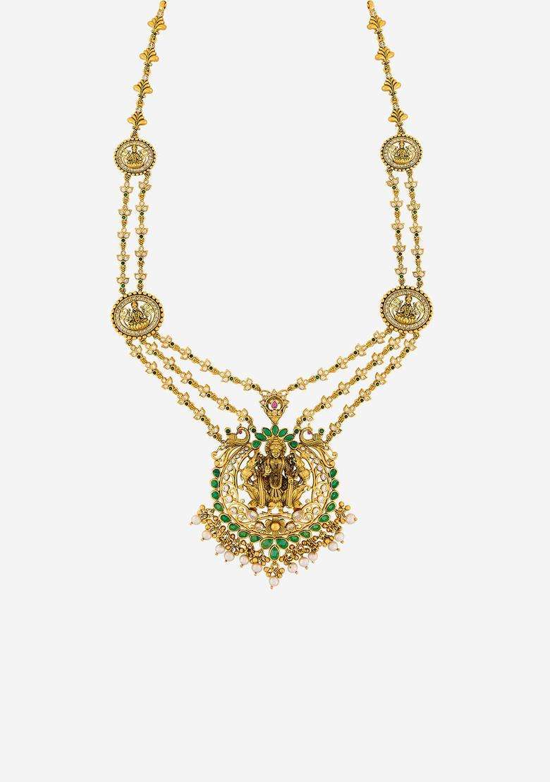 Green Silver Gold-Plated Temple Ruby Ethnic Necklace for Women | Traditional Temple Jewellery for Wedding & Festive Wear | Gift for Her - Indya