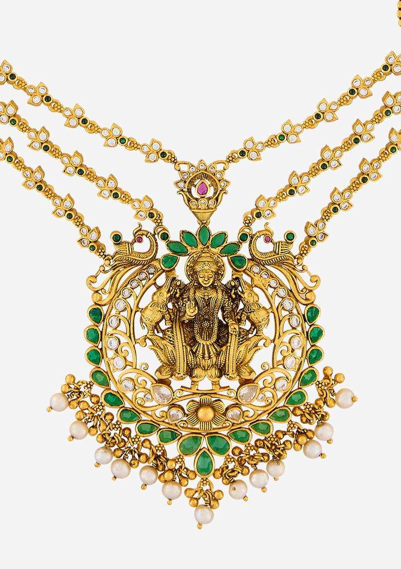 Green Silver Gold-Plated Temple Ruby Ethnic Necklace for Women | Traditional Temple Jewellery for Wedding & Festive Wear | Gift for Her - Indya