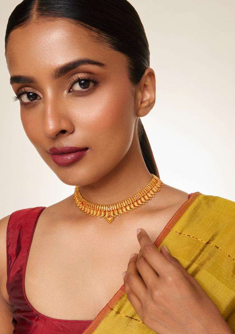 92.5 Sterling Silver Gold-Plated Artificial Stones Necklace for Women | Traditional Temple Jewellery for Wedding & Festive Wear | Gift for Her - Indya