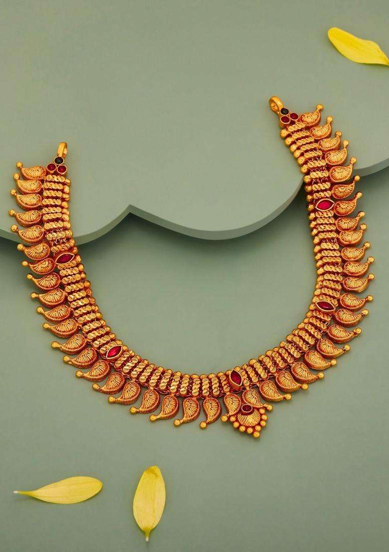 92.5 Sterling Silver Gold-Plated Artificial Stones Necklace for Women | Traditional Temple Jewellery for Wedding & Festive Wear | Gift for Her - Indya